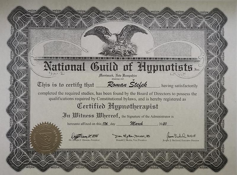 Certifikát National Guild of Hypnotists
